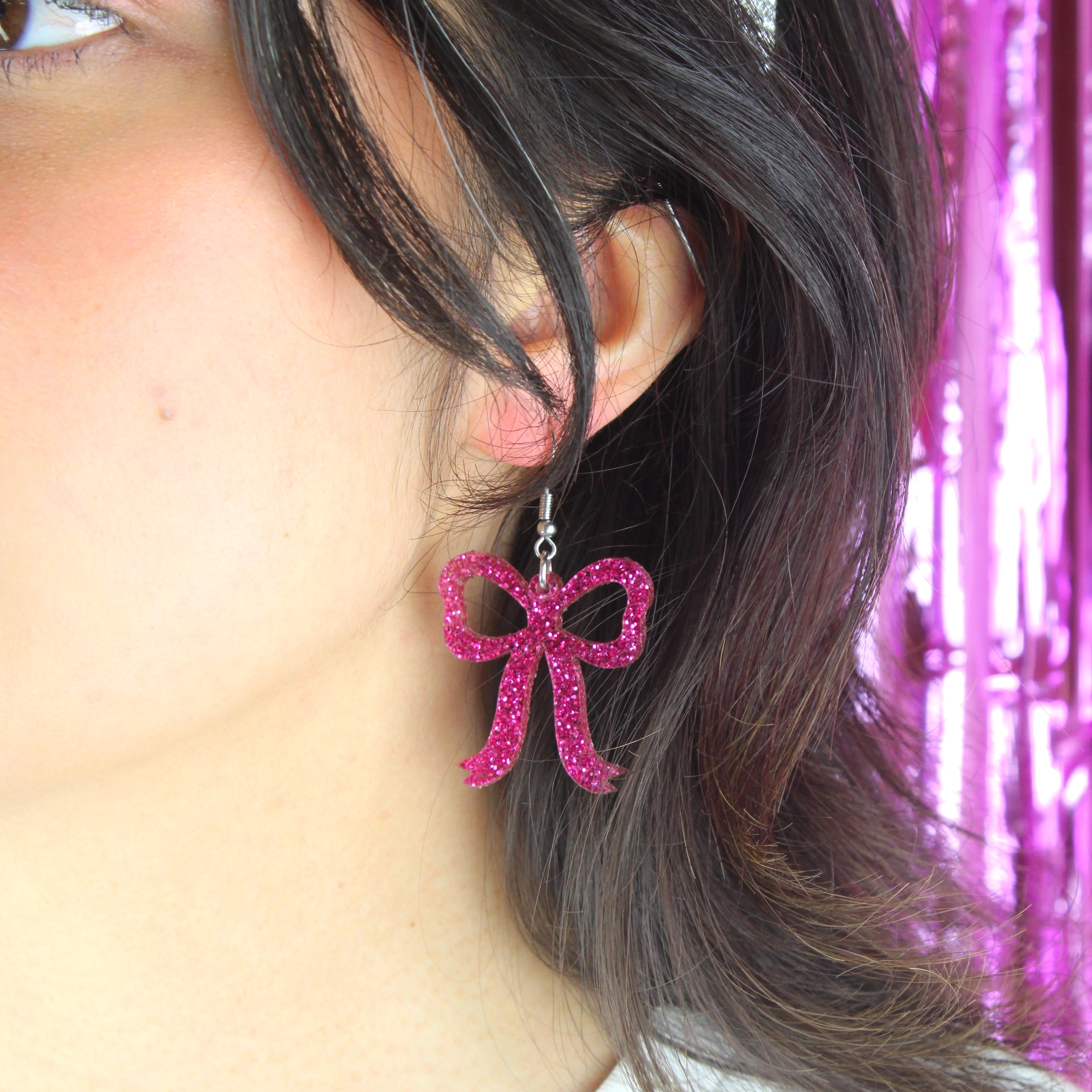 Pink Glitter Bow Earrings - Image 2