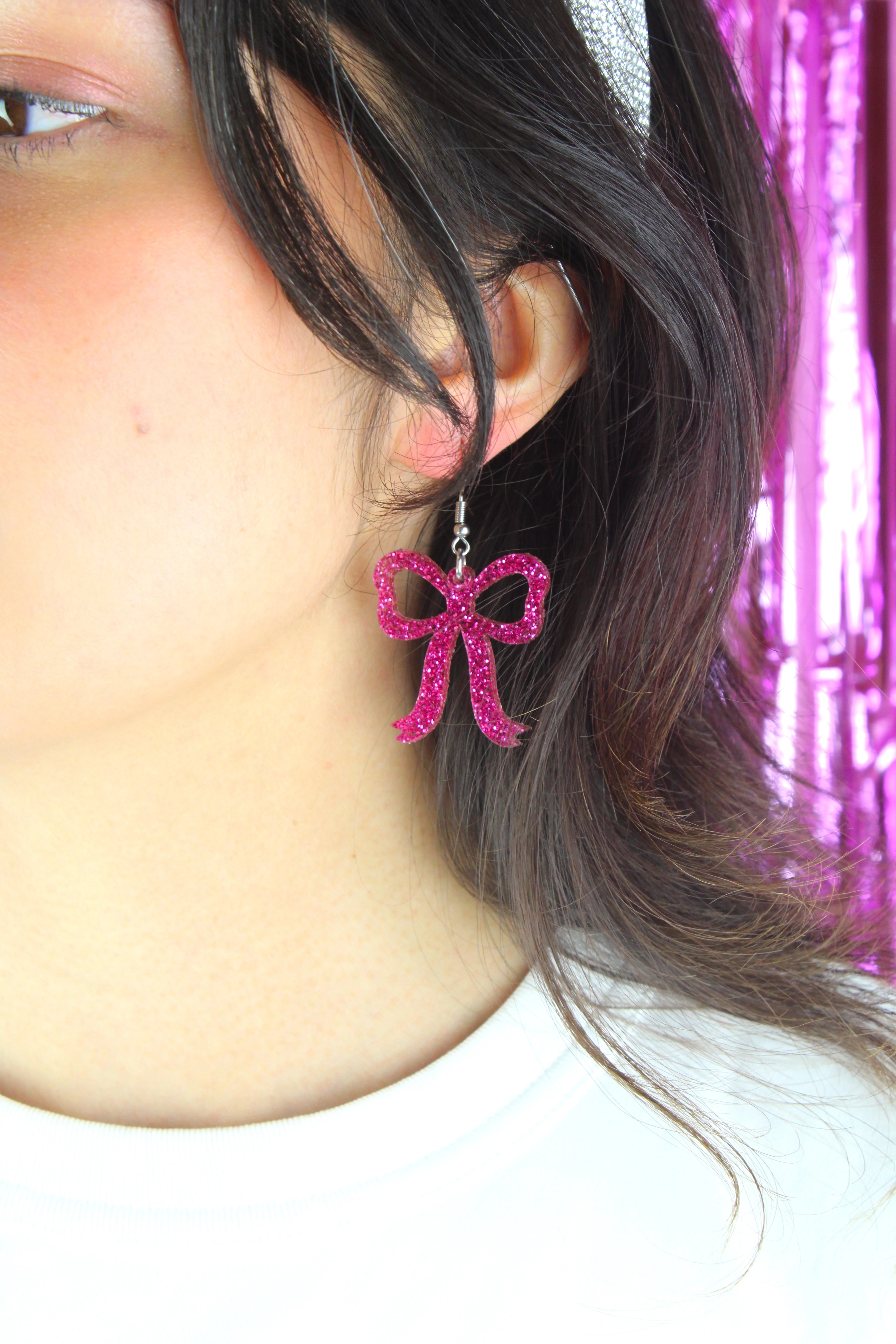 Pink Glitter Bow Earrings - Image 4