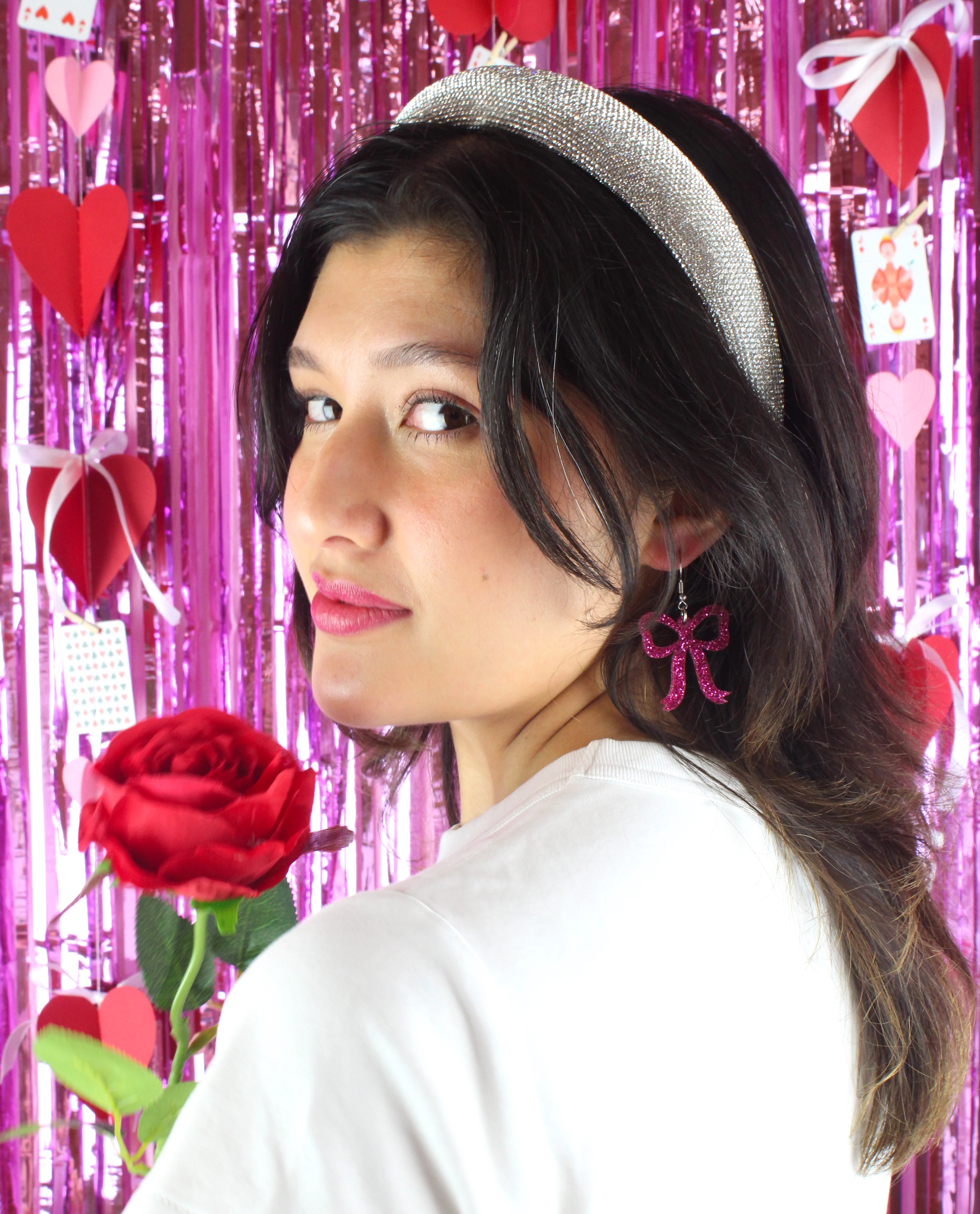 Pink Glitter Bow Earrings - Image 6