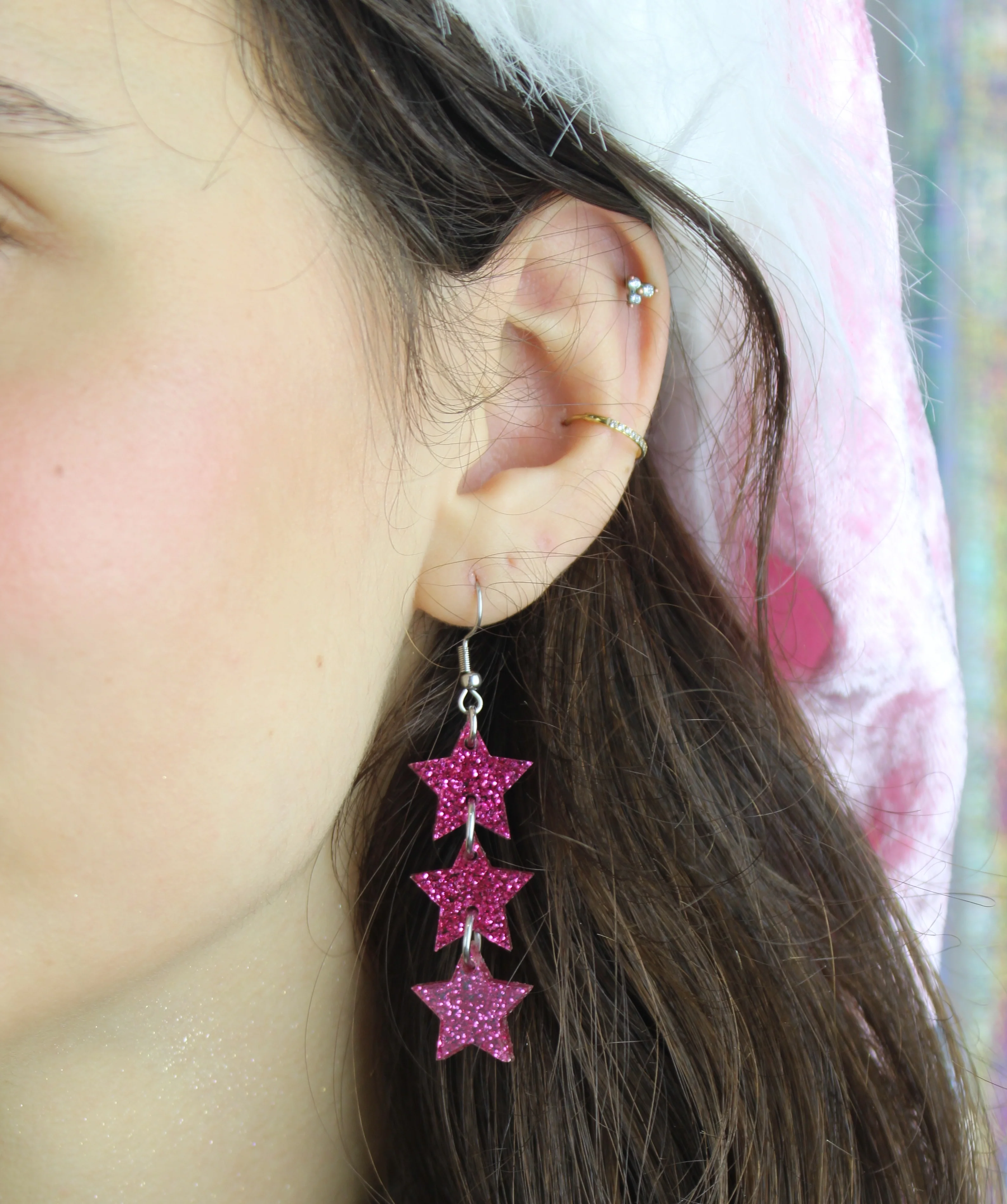 Pink Glitter Star Trio Earrings - Image 2