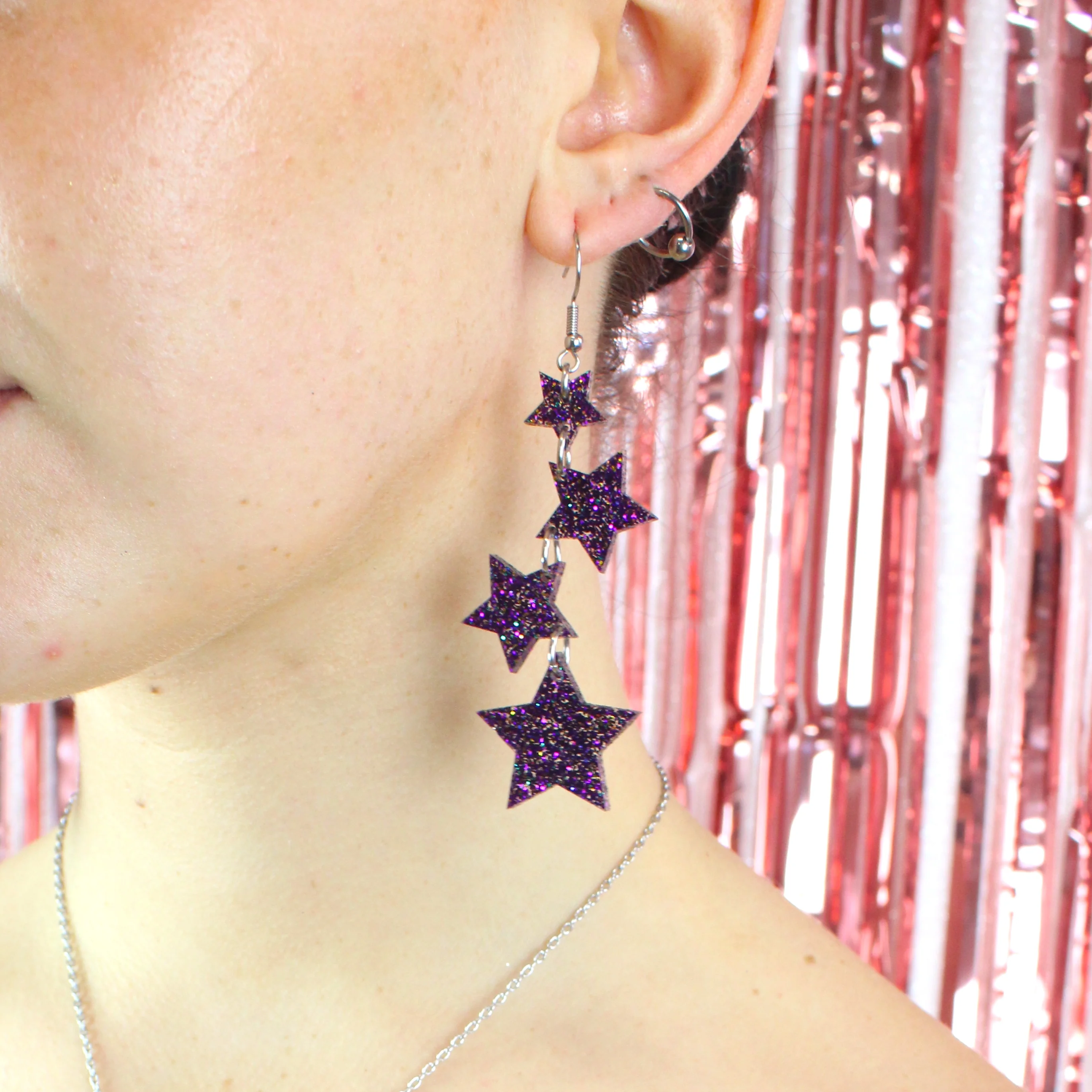 Purple Glitter Cascading Star Drop Earrings