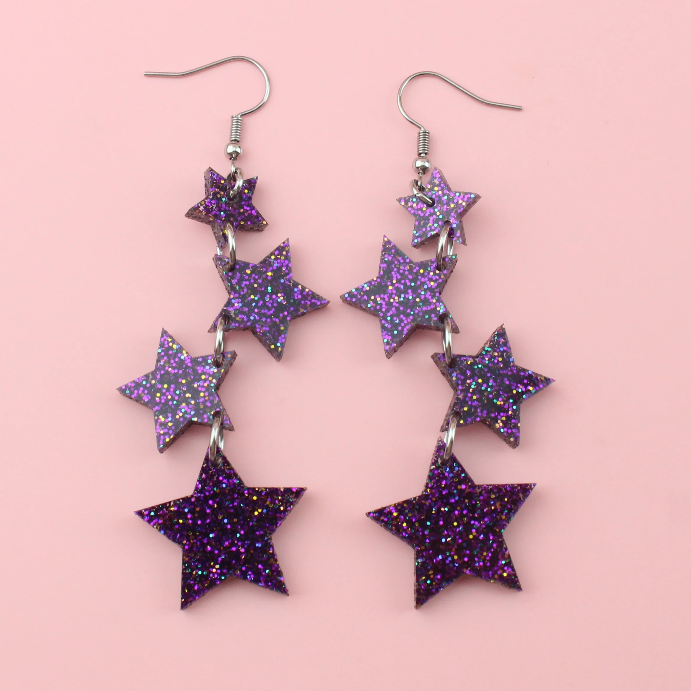 Purple Glitter Cascading Star Drop Earrings - Image 2