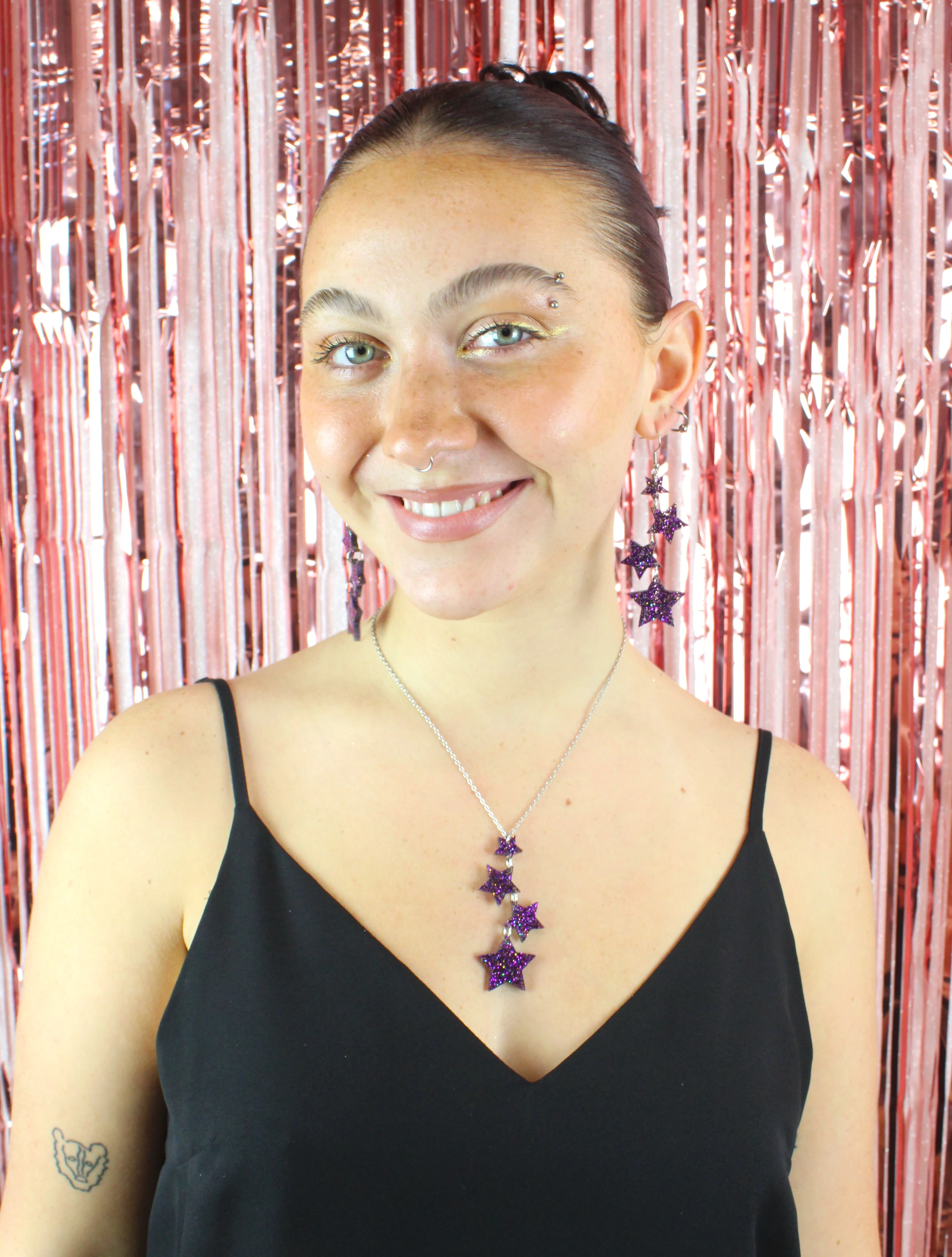 Purple Glitter Cascading Star Drop Earrings - Image 3
