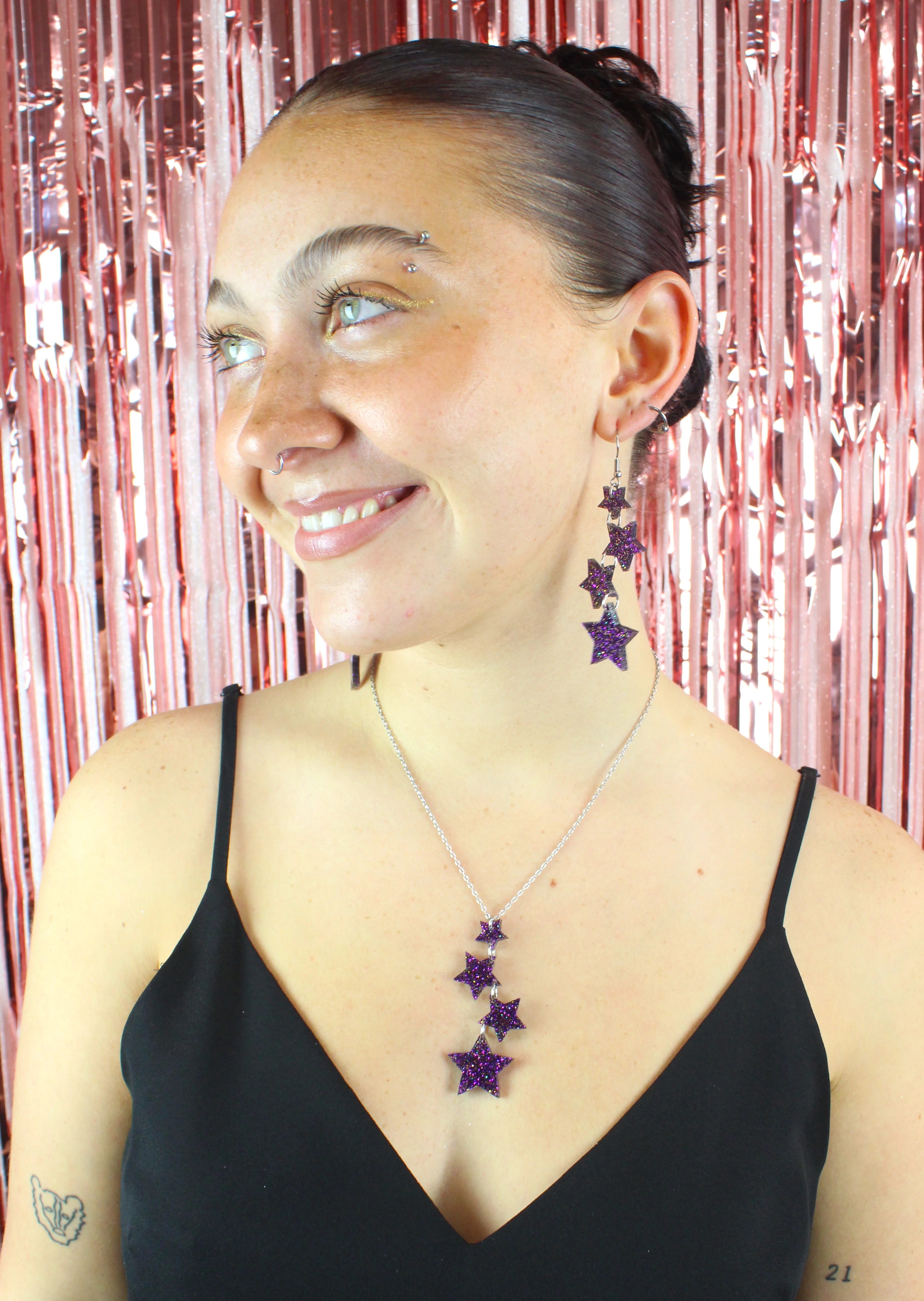 Purple Glitter Cascading Star Drop Earrings - Image 4