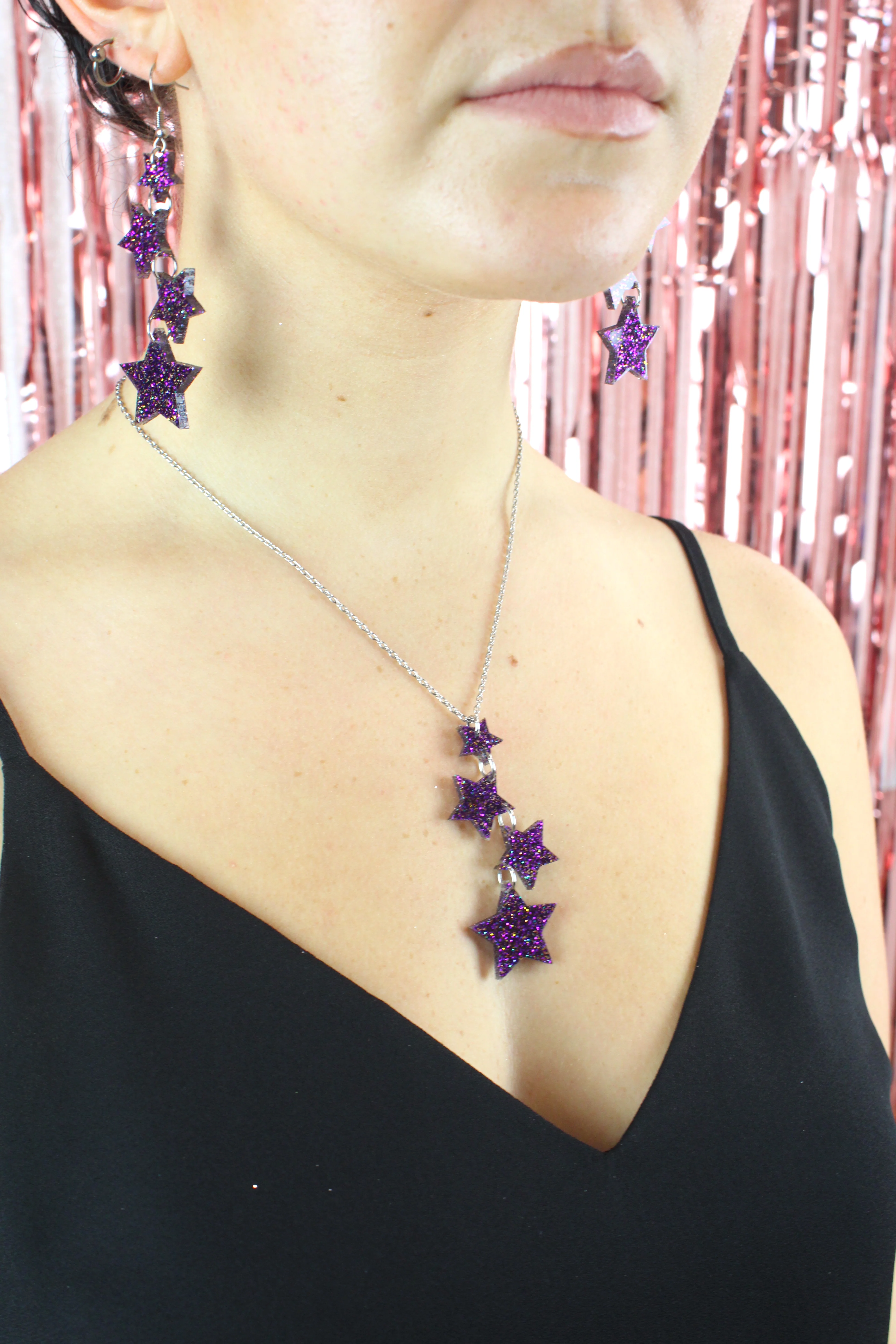 Purple Glitter Cascading Star Drop Earrings - Image 5