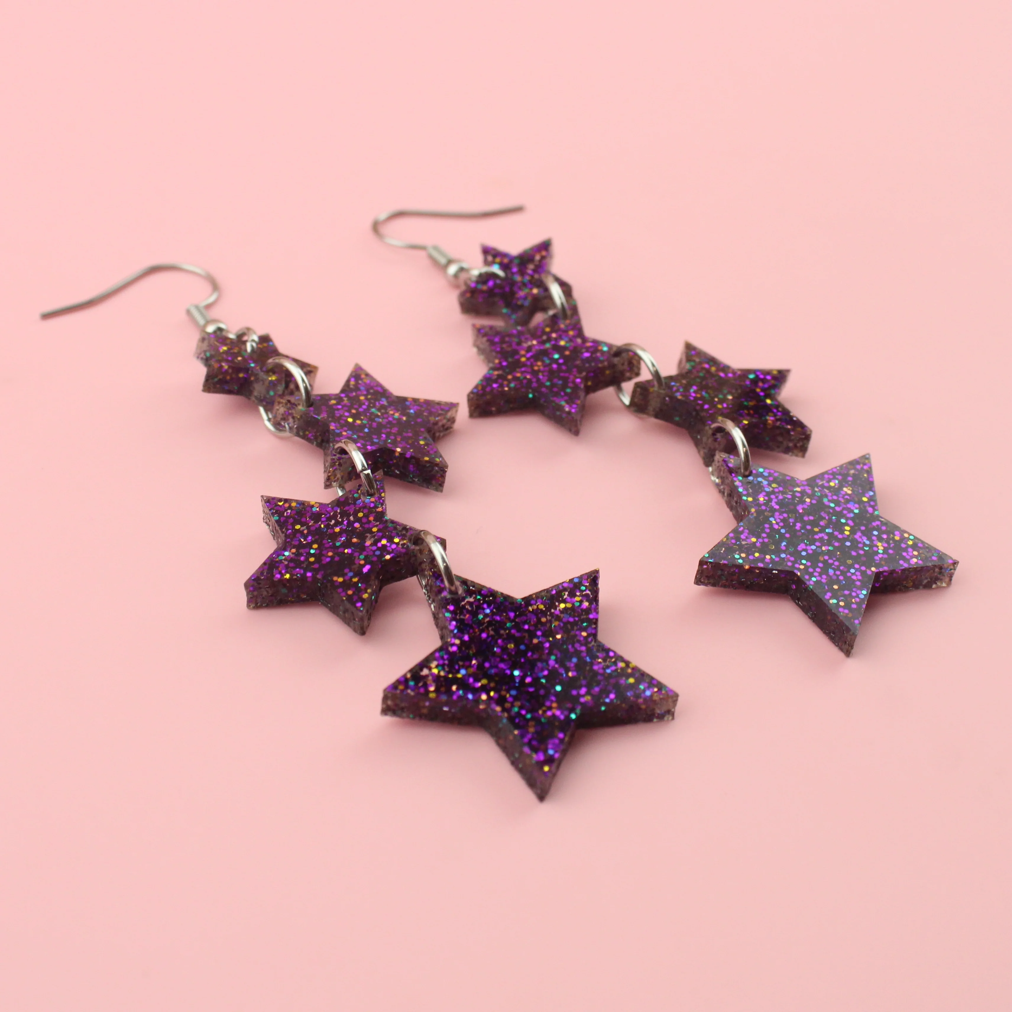 Purple Glitter Cascading Star Drop Earrings - Image 6