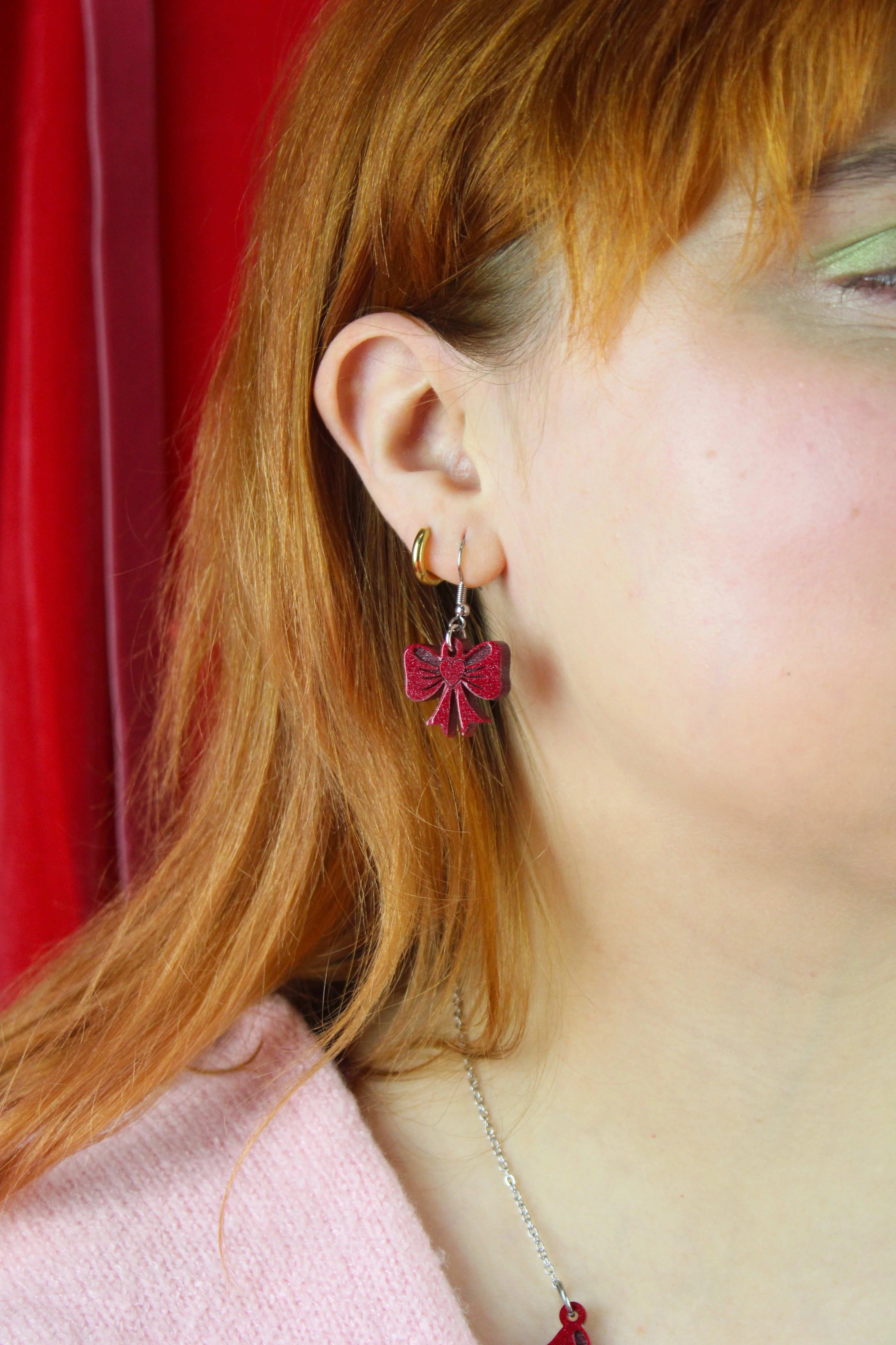 Red Heart Bow Earrings - Image 2