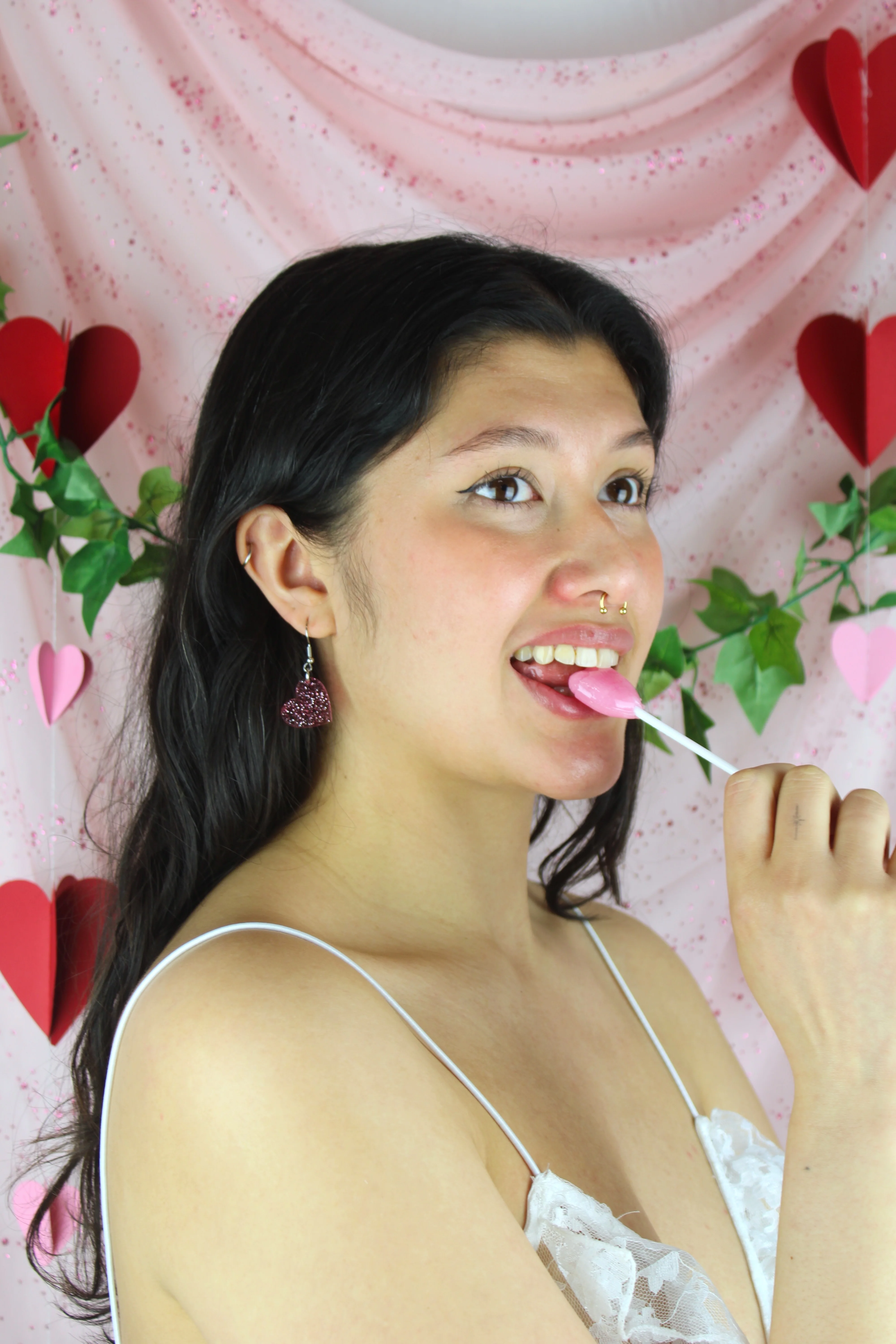 Shimmer Heart Earrings - Pink - Image 2