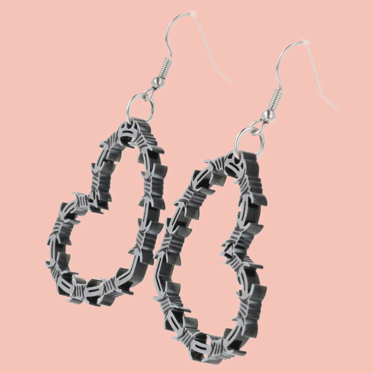 Silver Barbed Wire Heart Earrings - Image 3
