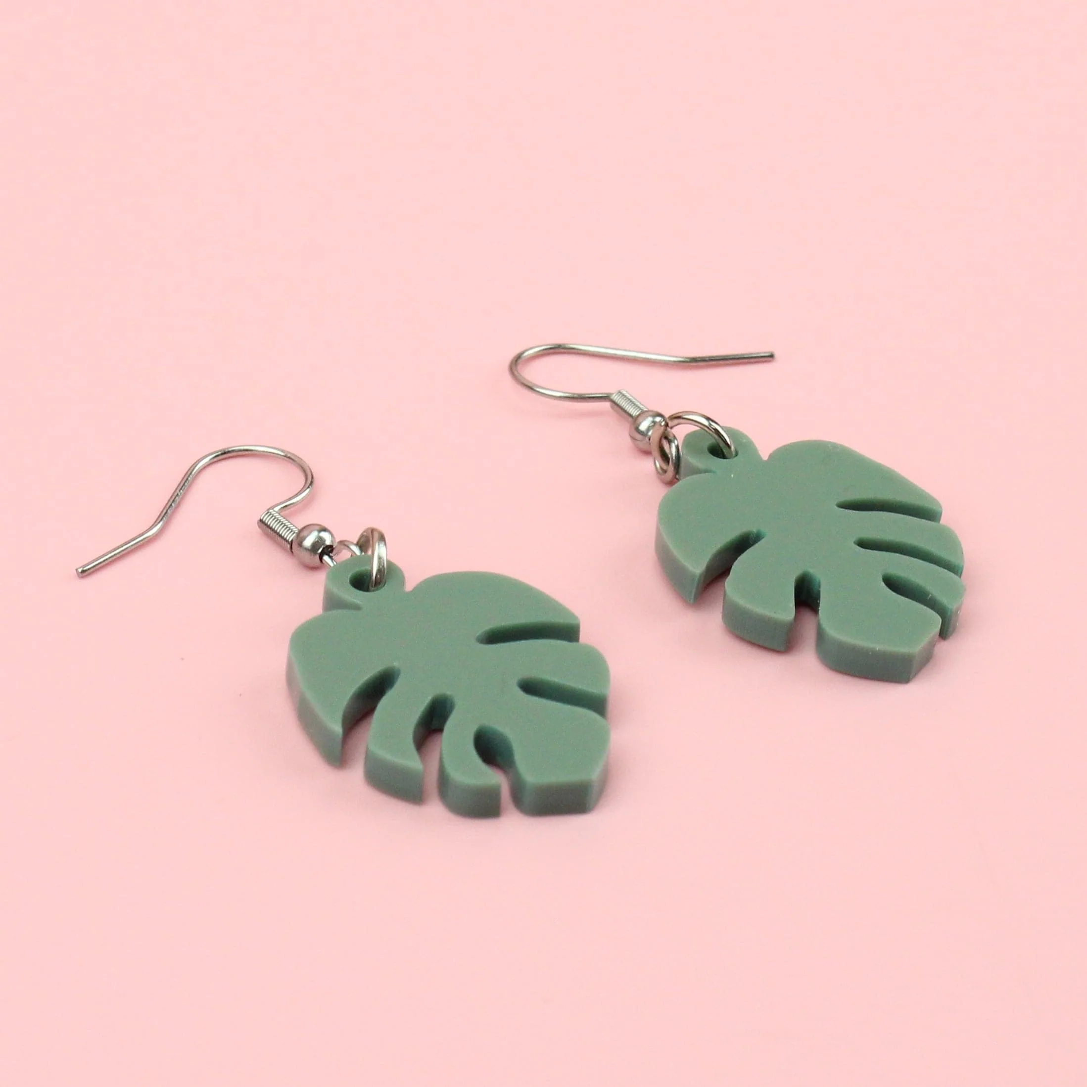 Small Sage Green Monstera Earrings - Image 3