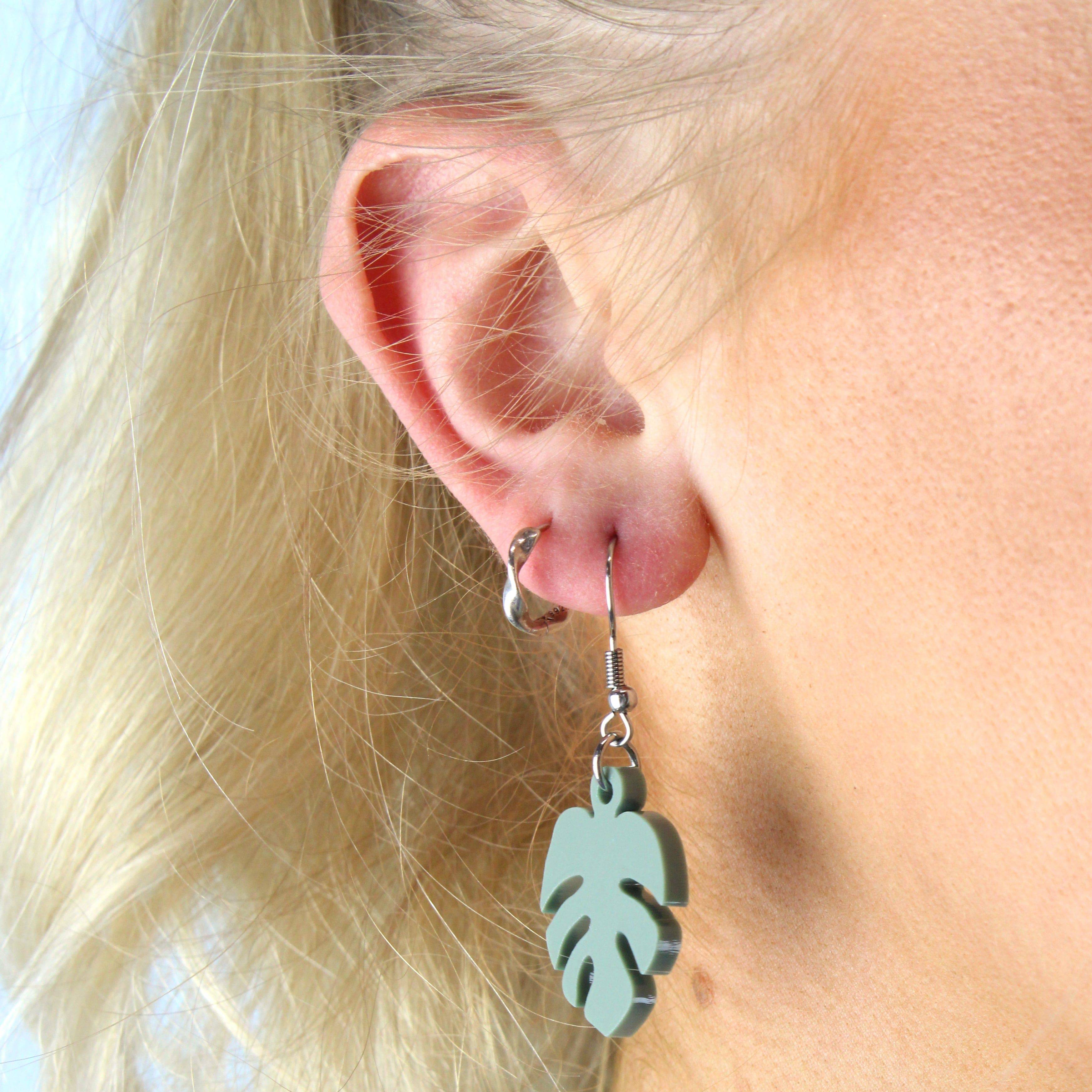 Small Sage Green Monstera Earrings - Image 4