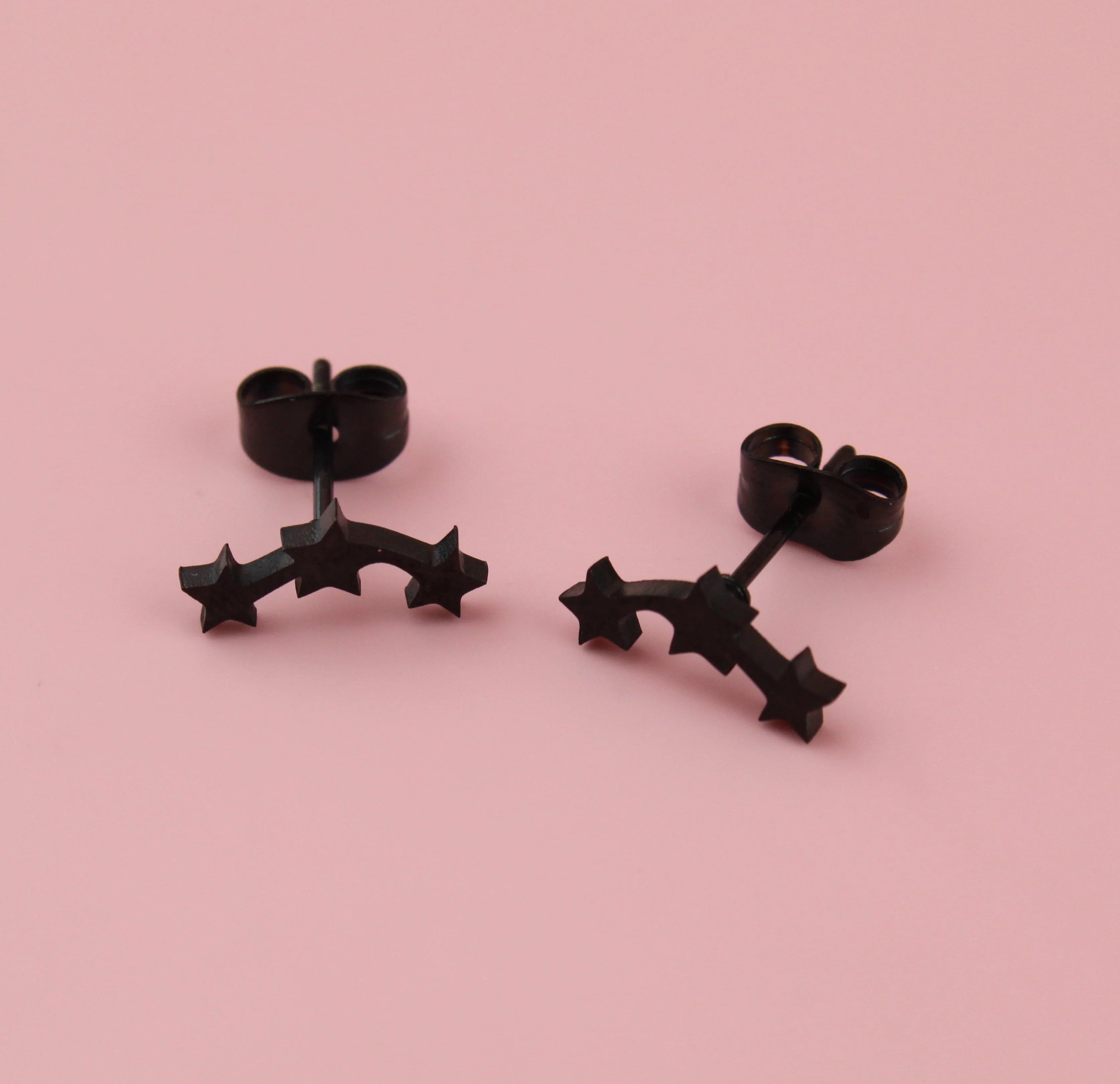 Triple Curved Star Stud Earrings (Black) - Image 3