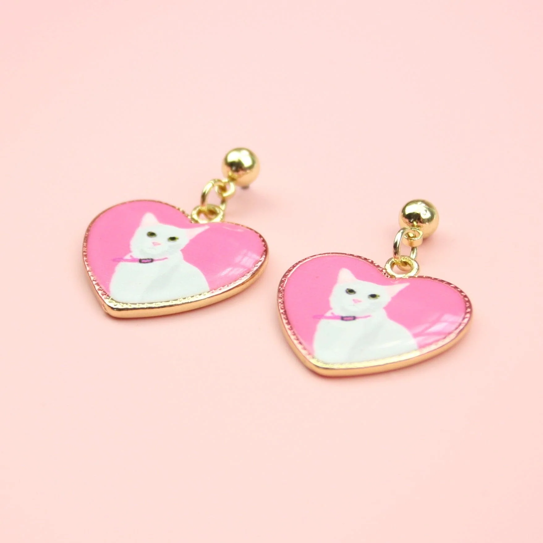 White Cat Heart Stud Earrings - Image 3