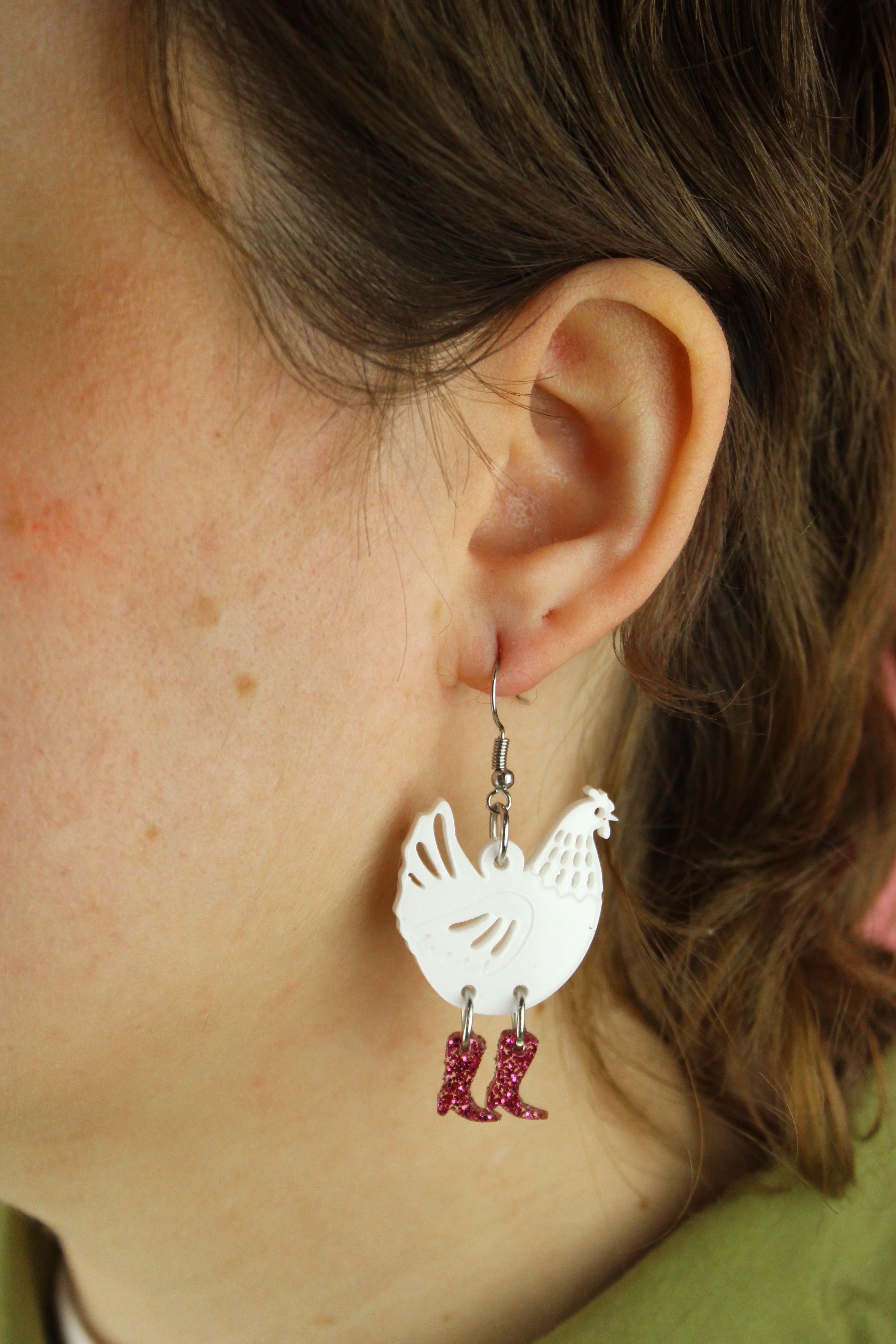 White Chick Magnet Chicken Earrings - Image 2