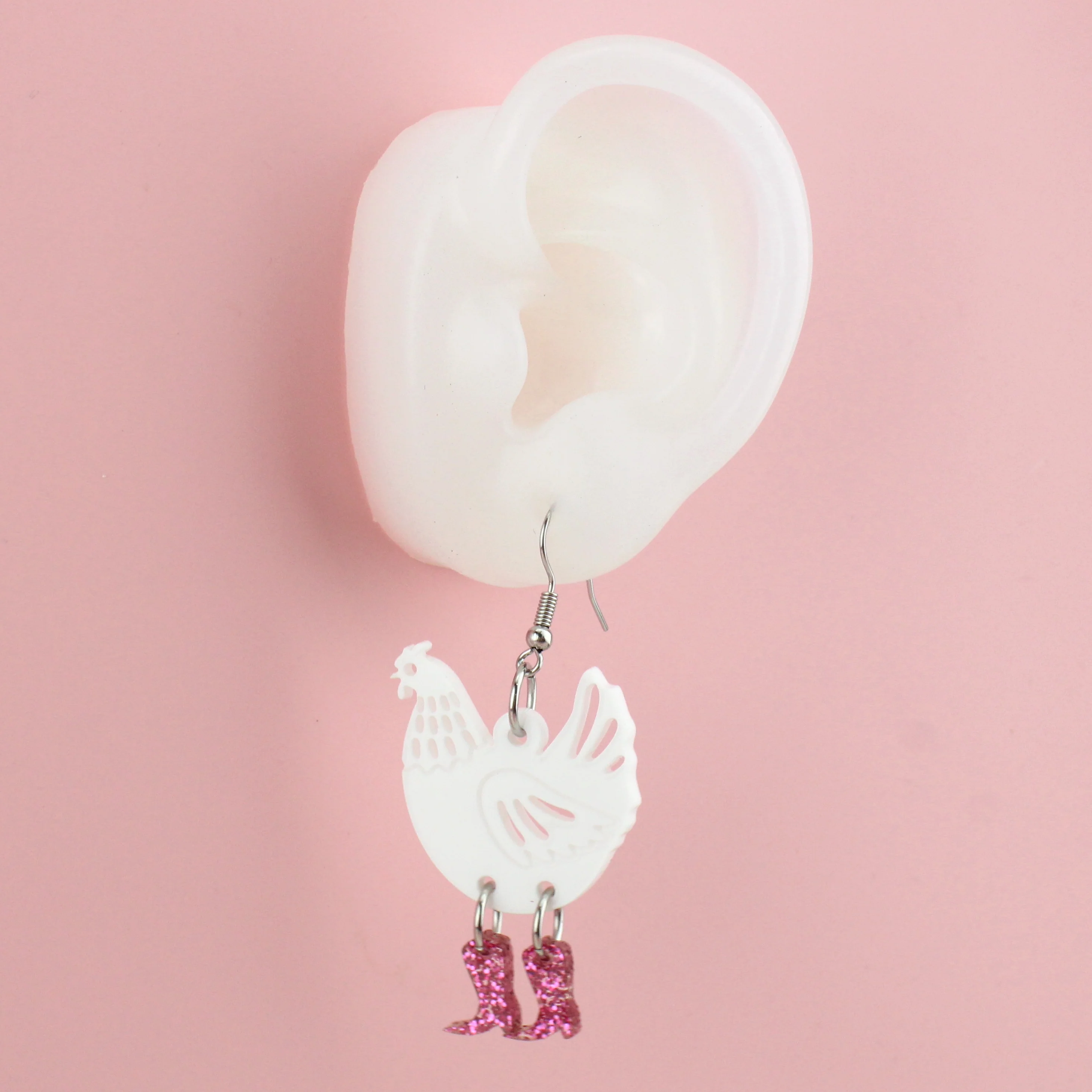 White Chick Magnet Chicken Earrings - Image 4