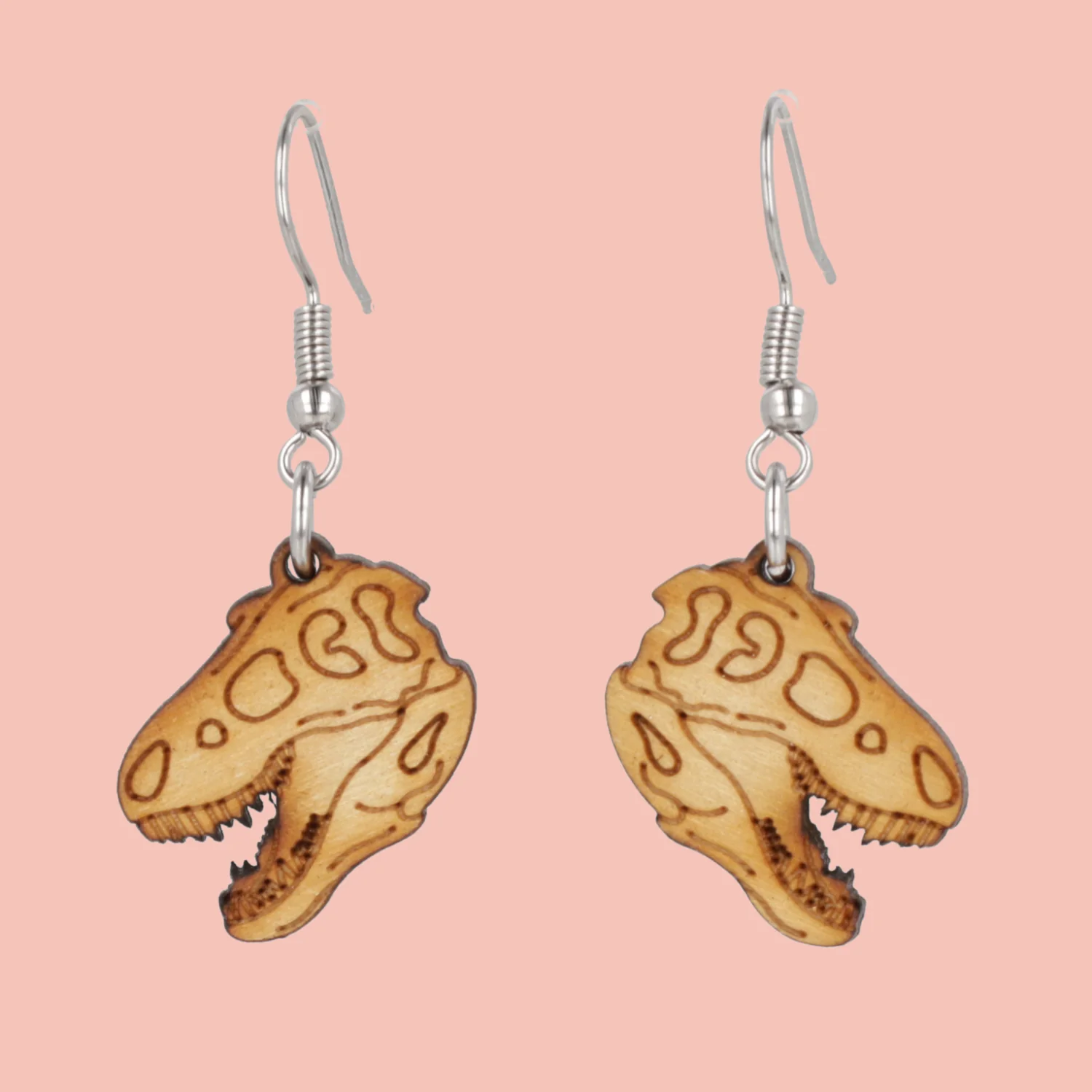 Wooden T-Rex Skull Earrings - Image 2
