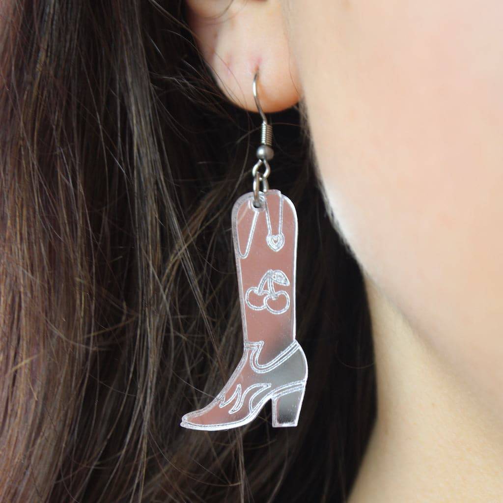 Working 9-5 Silver Cowgirl Boot Earrings - Image 2