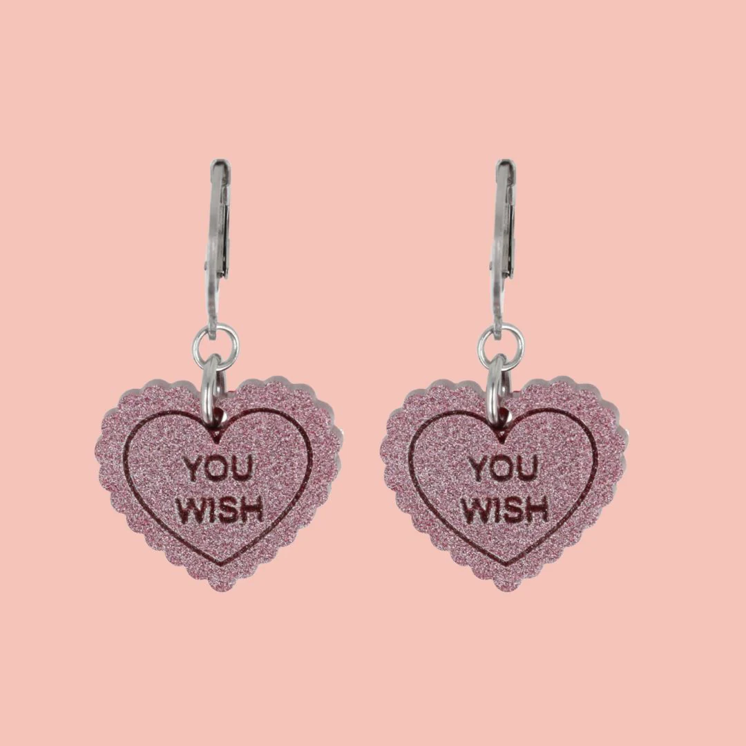 "You Wish" Loveheart Huggie Hoop Earrings - Pink