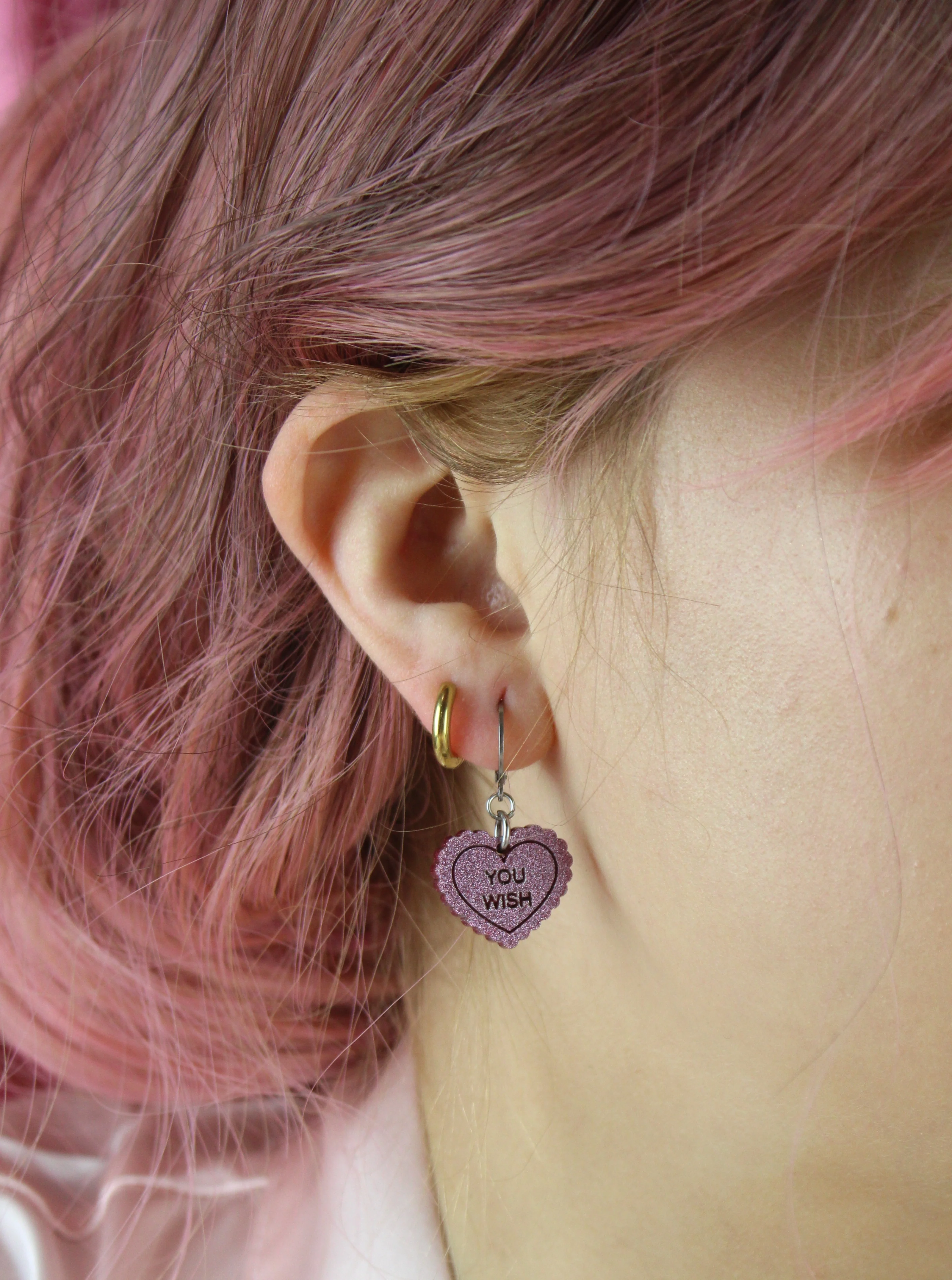 "You Wish" Loveheart Huggie Hoop Earrings - Pink - Image 2