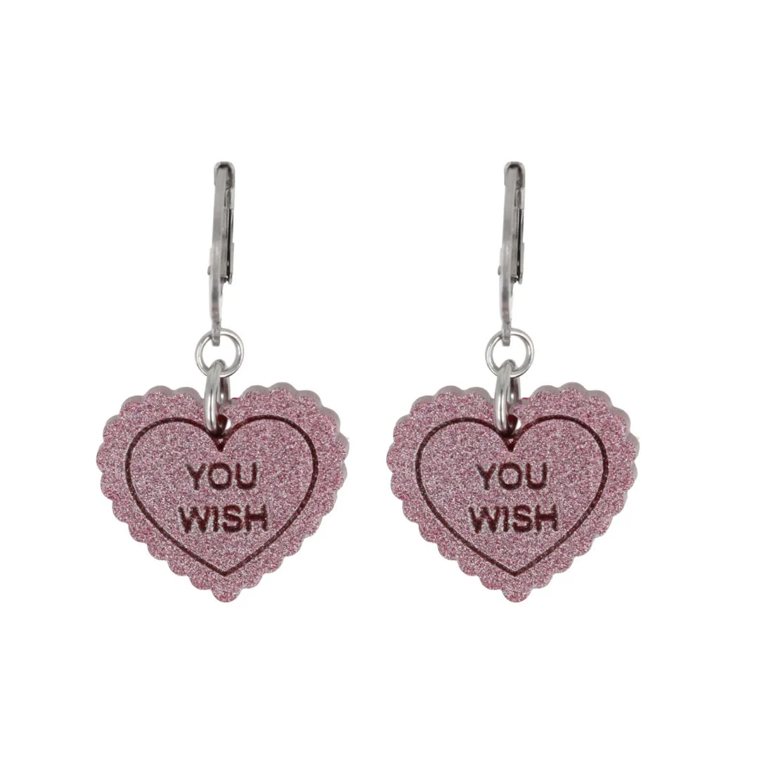 "You Wish" Loveheart Huggie Hoop Earrings - Pink - Image 3