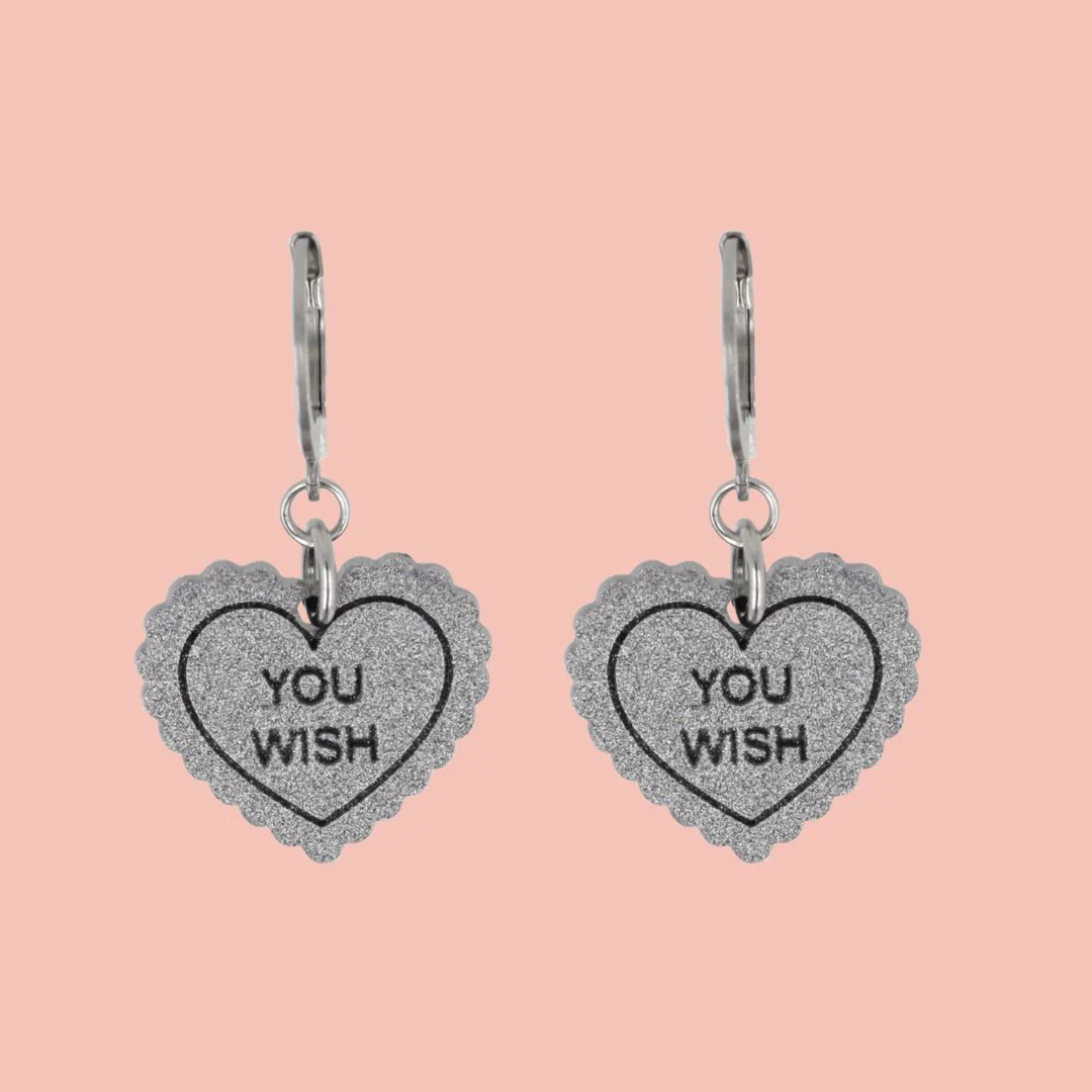"You Wish" Loveheart Huggie Hoop Earrings - Silver