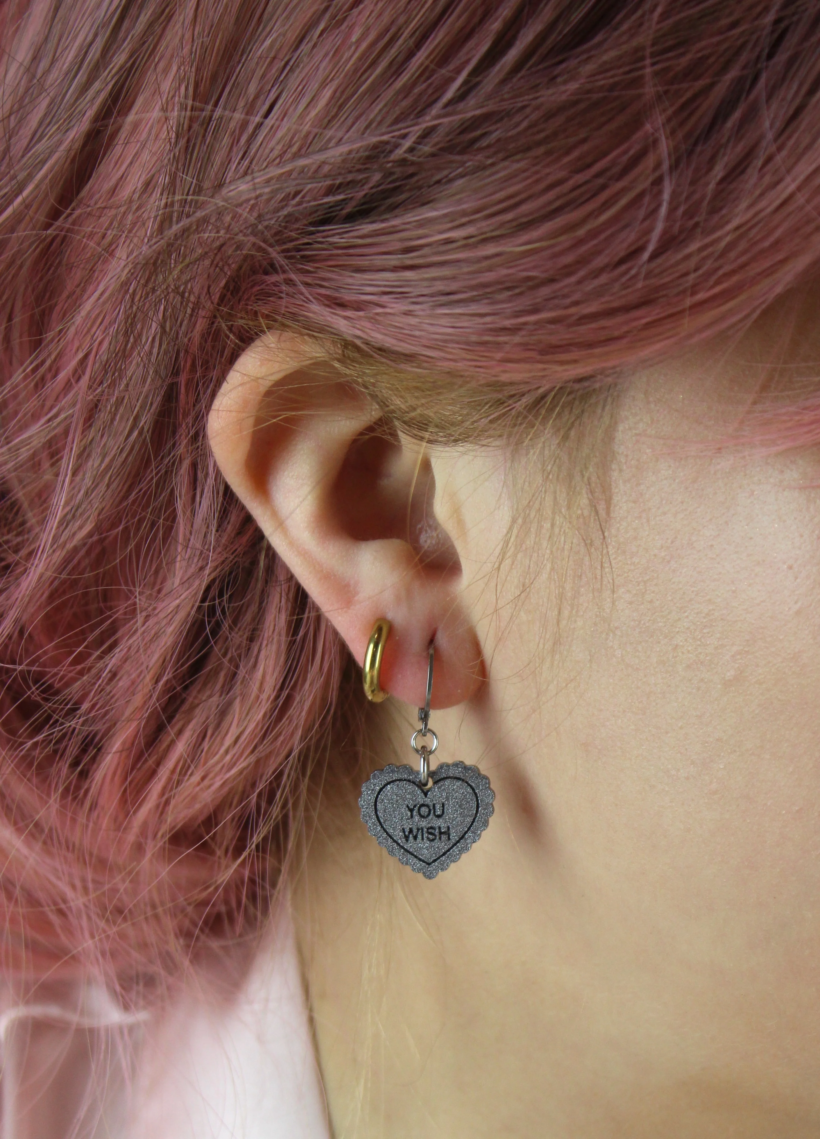 "You Wish" Loveheart Huggie Hoop Earrings - Silver - Image 2