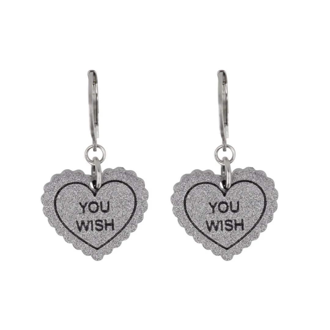 "You Wish" Loveheart Huggie Hoop Earrings - Silver - Image 3